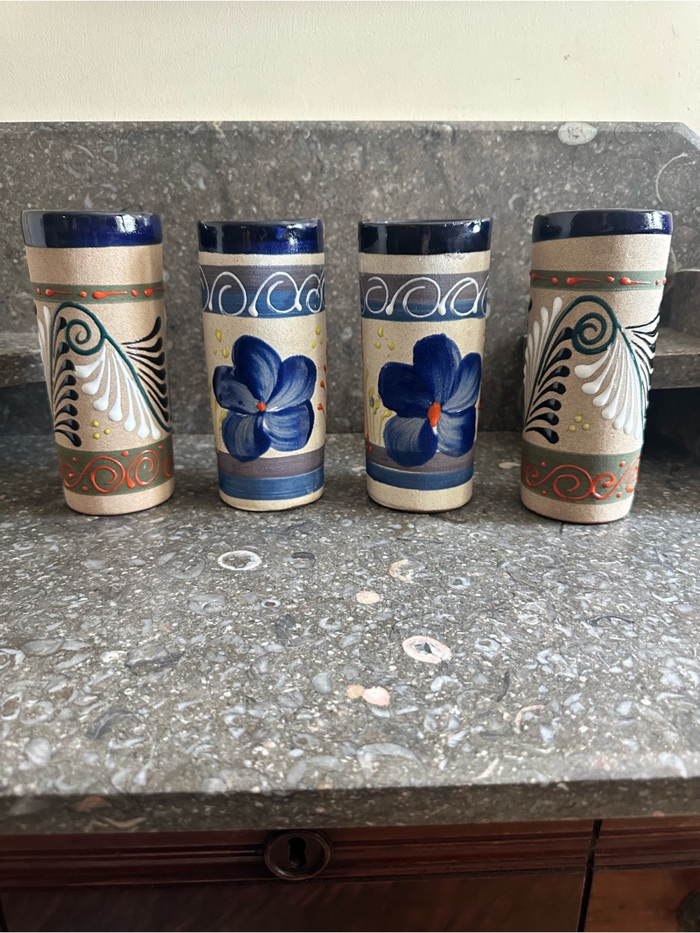 Hand-Painted Blue Floral Engobe Tumbler - Set of 4